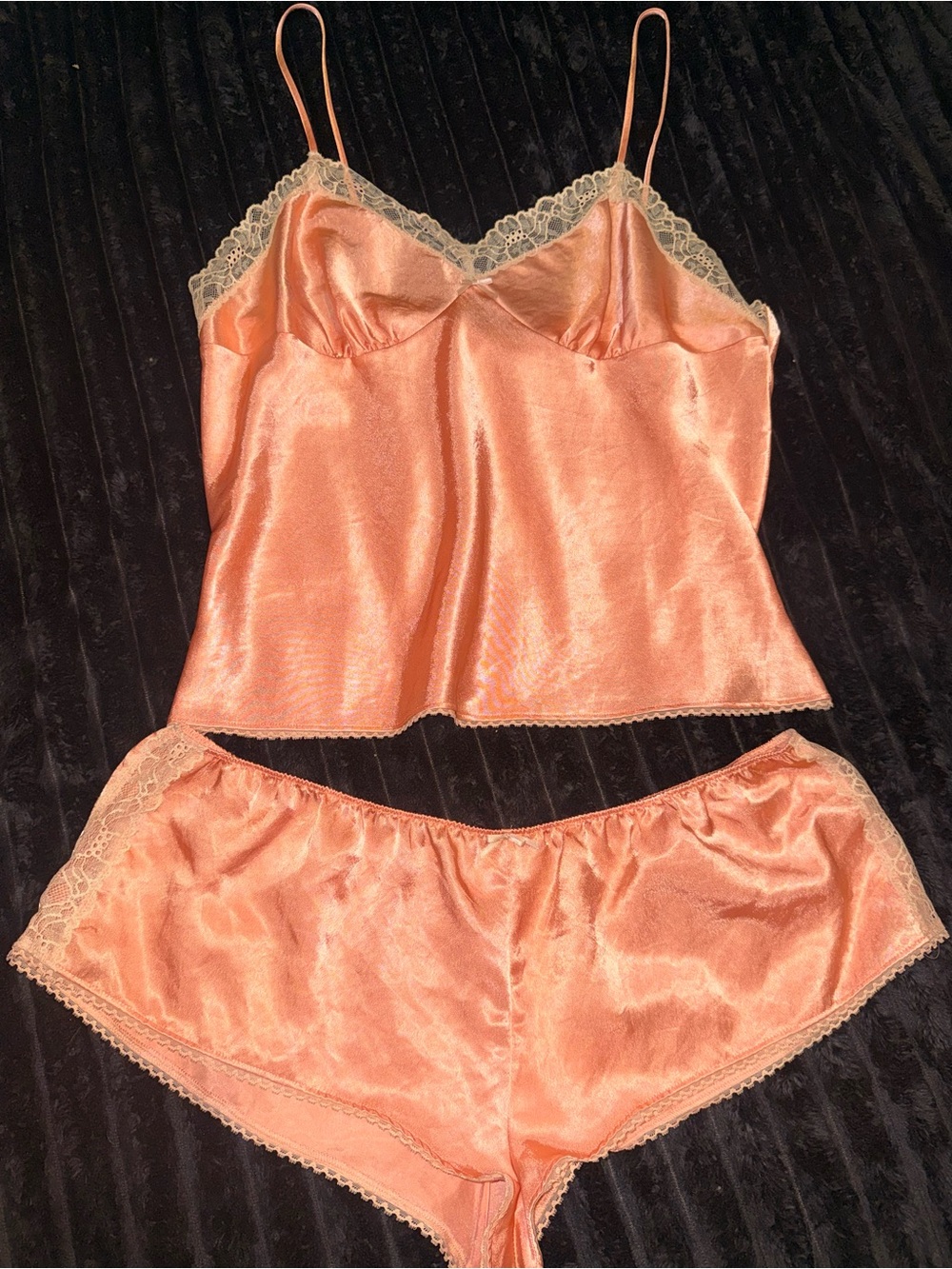 Victoria's Secret Peach Satin Lace-Trim Camisole & Shorts Set